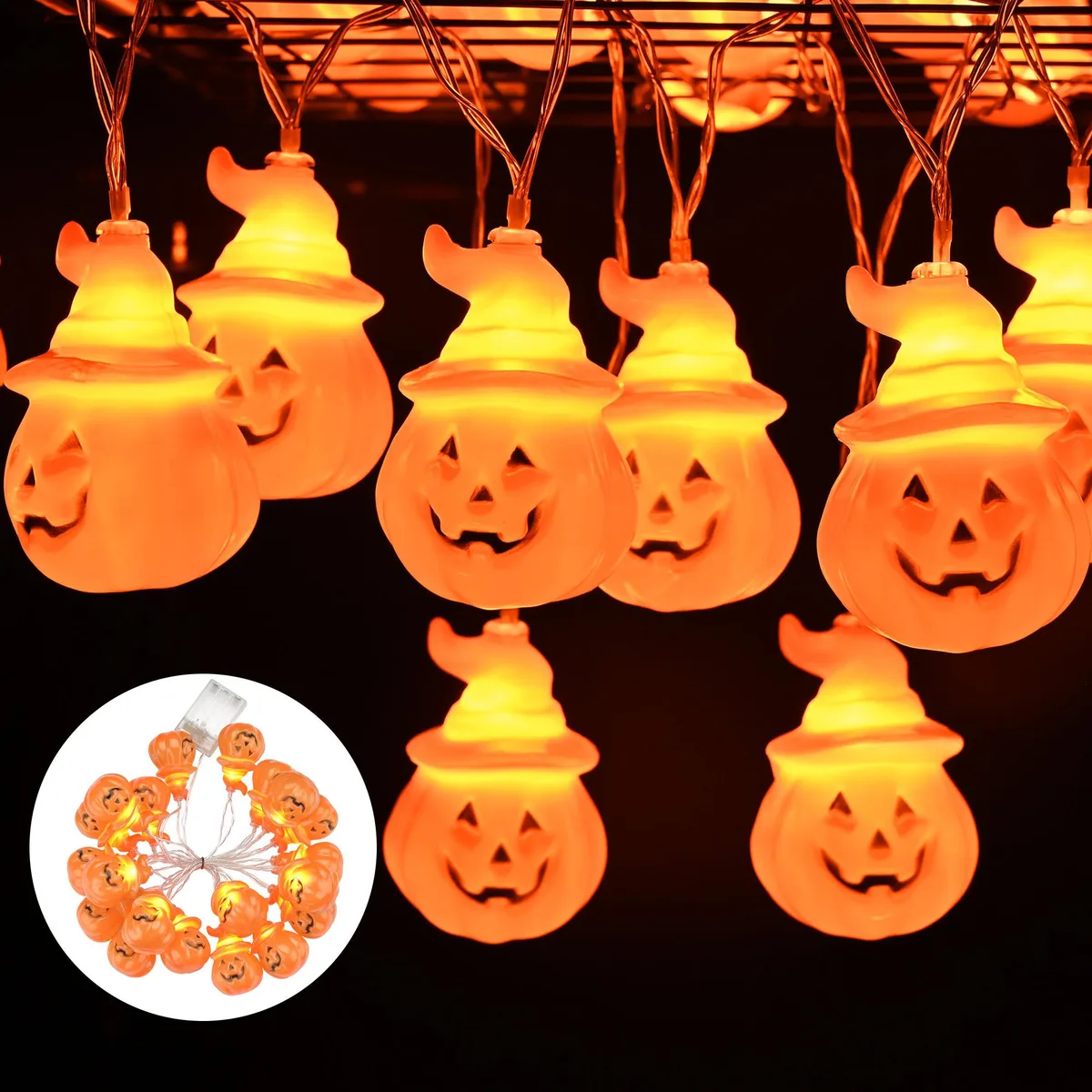 Twenty orange pumpkin LED lights on a ten-foot bendable wire, battery box at one end