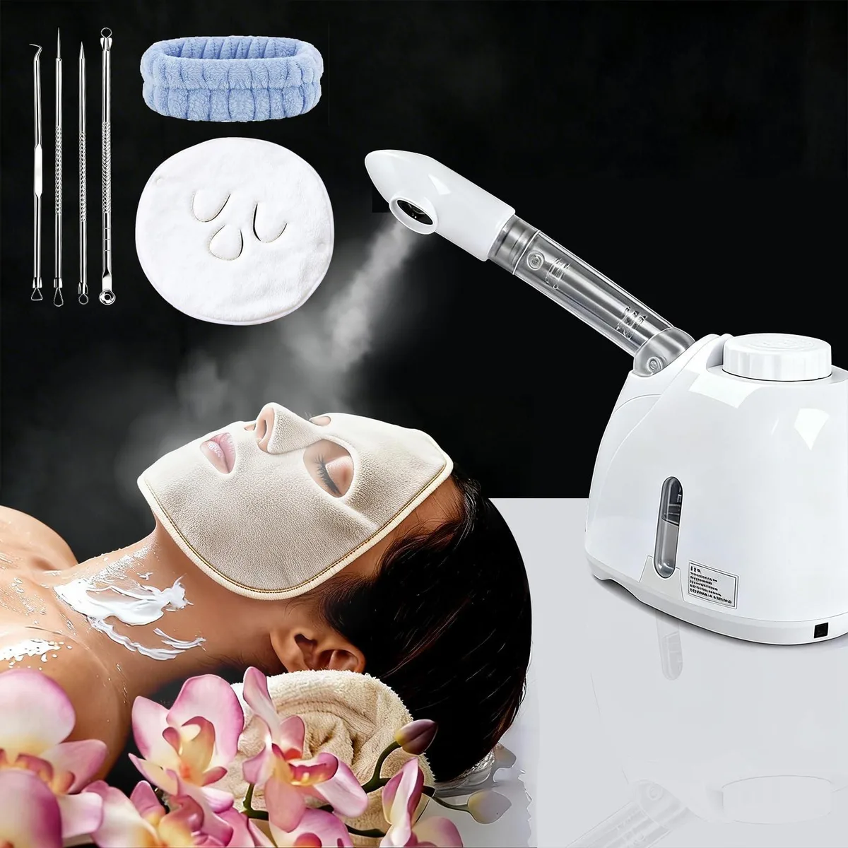 White facial steamer with 360° rotating arm and 180° swing nozzle
