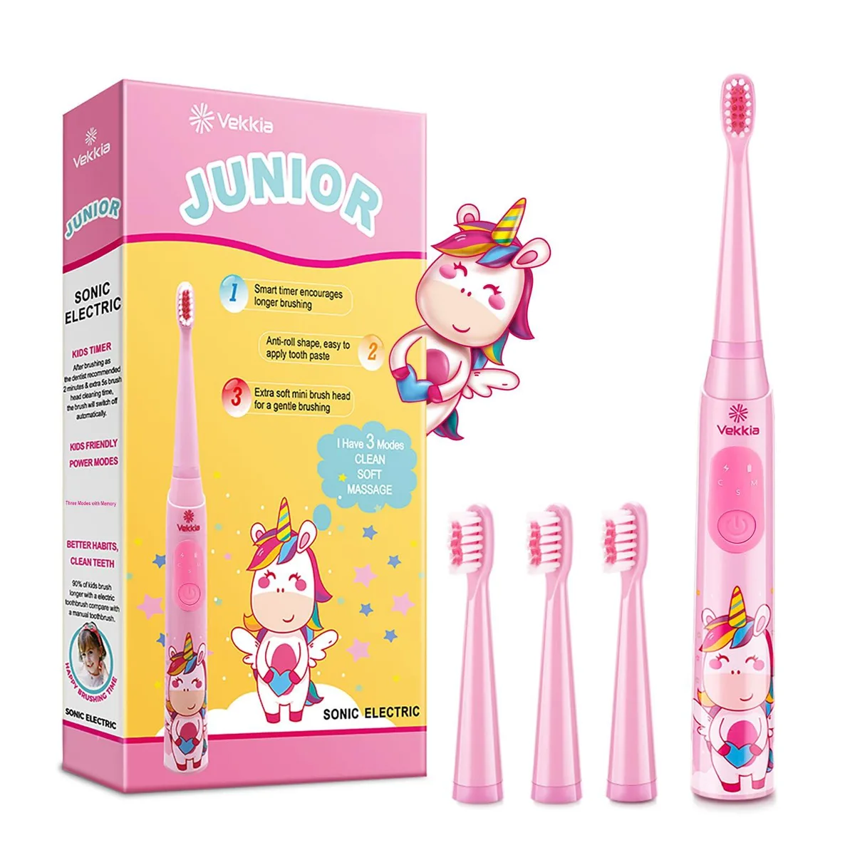 Pink electric toothbrush with unicorn handle and soft brush head