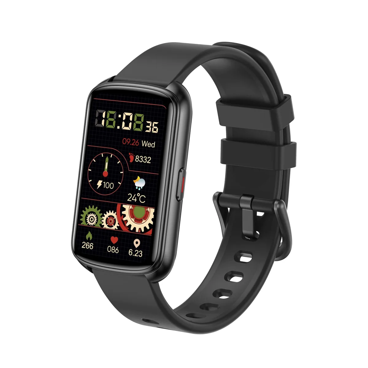 Rectangular black smartwatch with 1.47 inch colour touchscreen and thin smartband