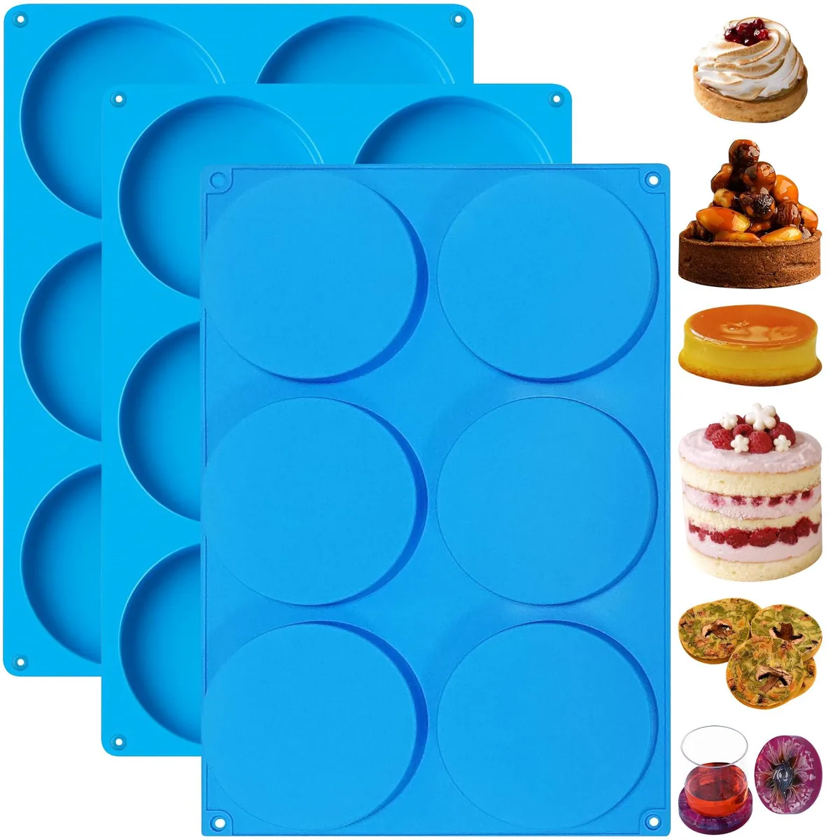 Three flexible round silicone molds each with six 4-inch cavities on a rectangular tray