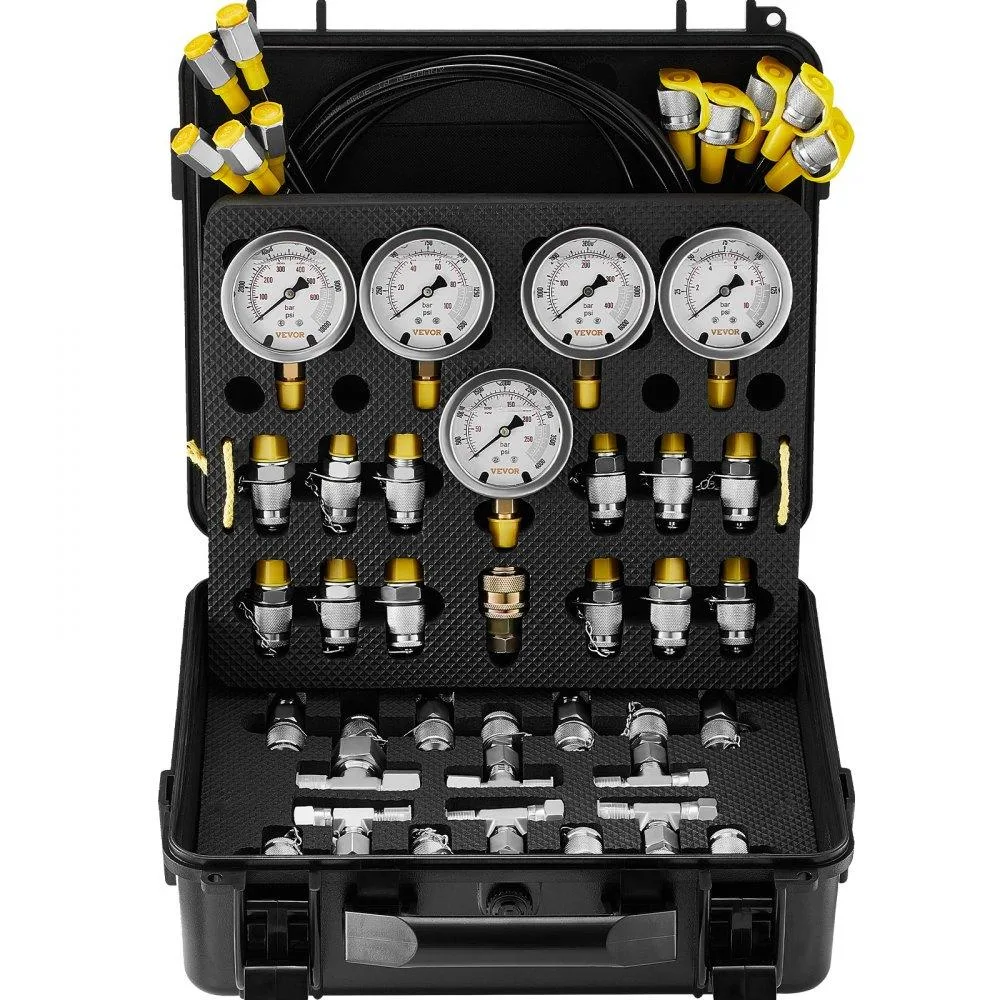 VEVOR VEVOR Hydraulic Pressure Test Kit 10/100/250/400/600bar 5 Gauges 13 Couplings 14 Tee Connectors 5 Hoses Case — product photo