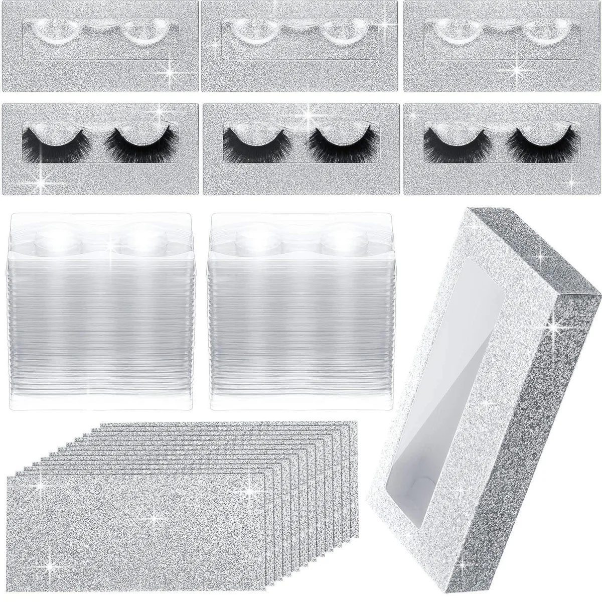 Fifty silver plastic eyelash cases with clear trays and background paper in a compact stack