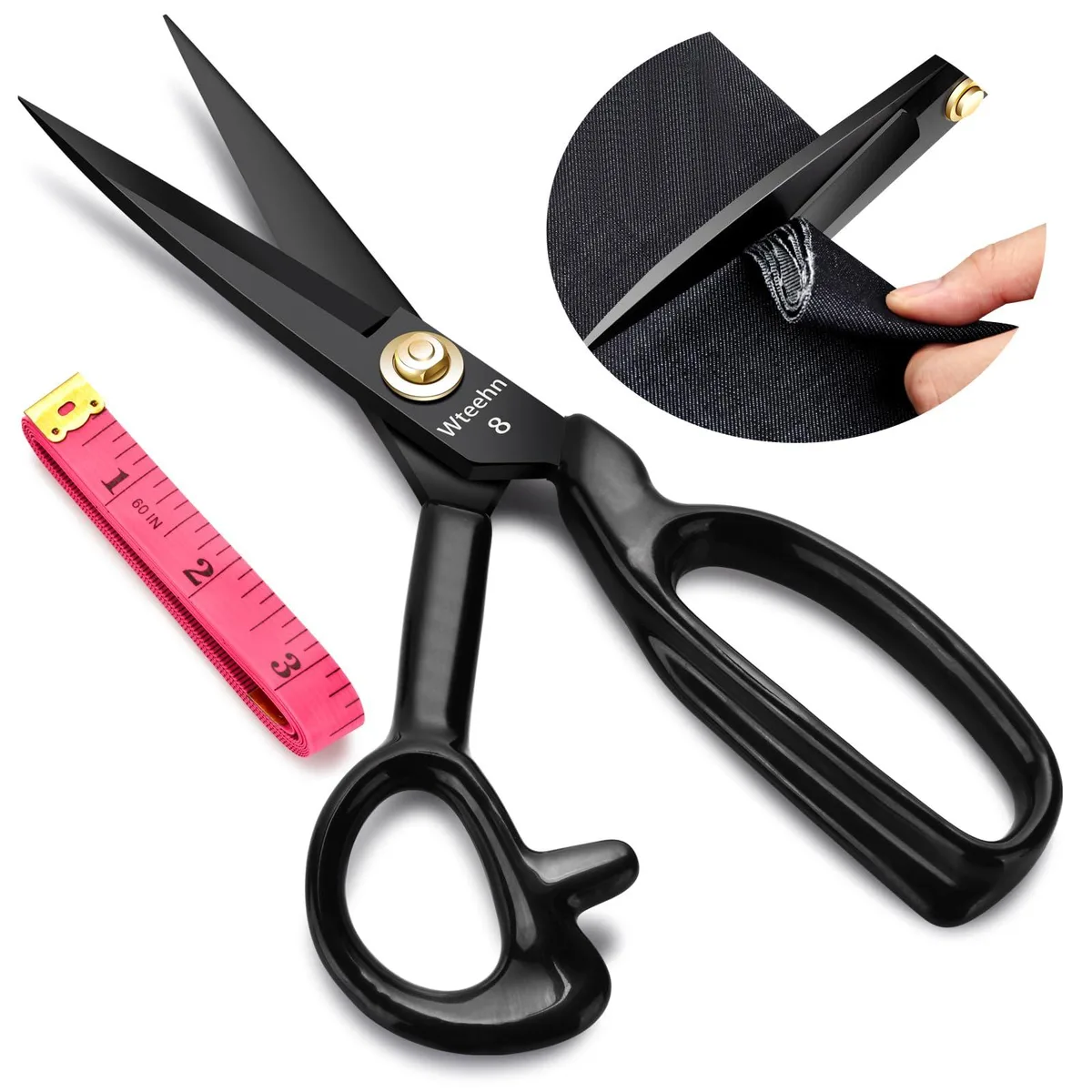 Black 8-inch fabric scissors with straight high-carbon steel blades and ergonomic plastic-wrapped handles