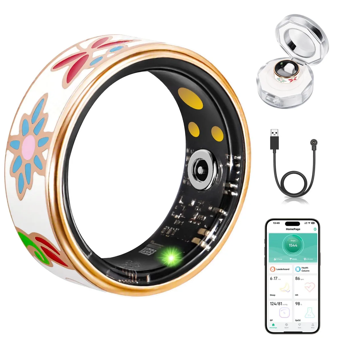 Black smart ring with 1.04 inch AMOLED display, epoxy resin and stainless steel finish, IP68 waterproof