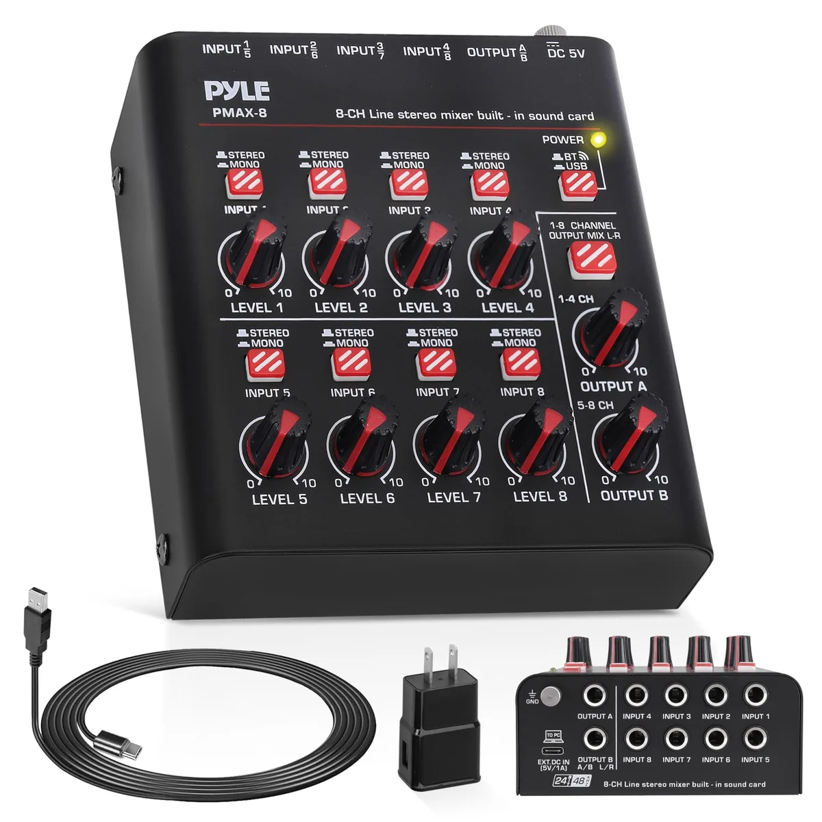  Pyle PMAX8 8-Channel Bluetooth 5 Audio Mixer with USB-C Sound Card — product photo