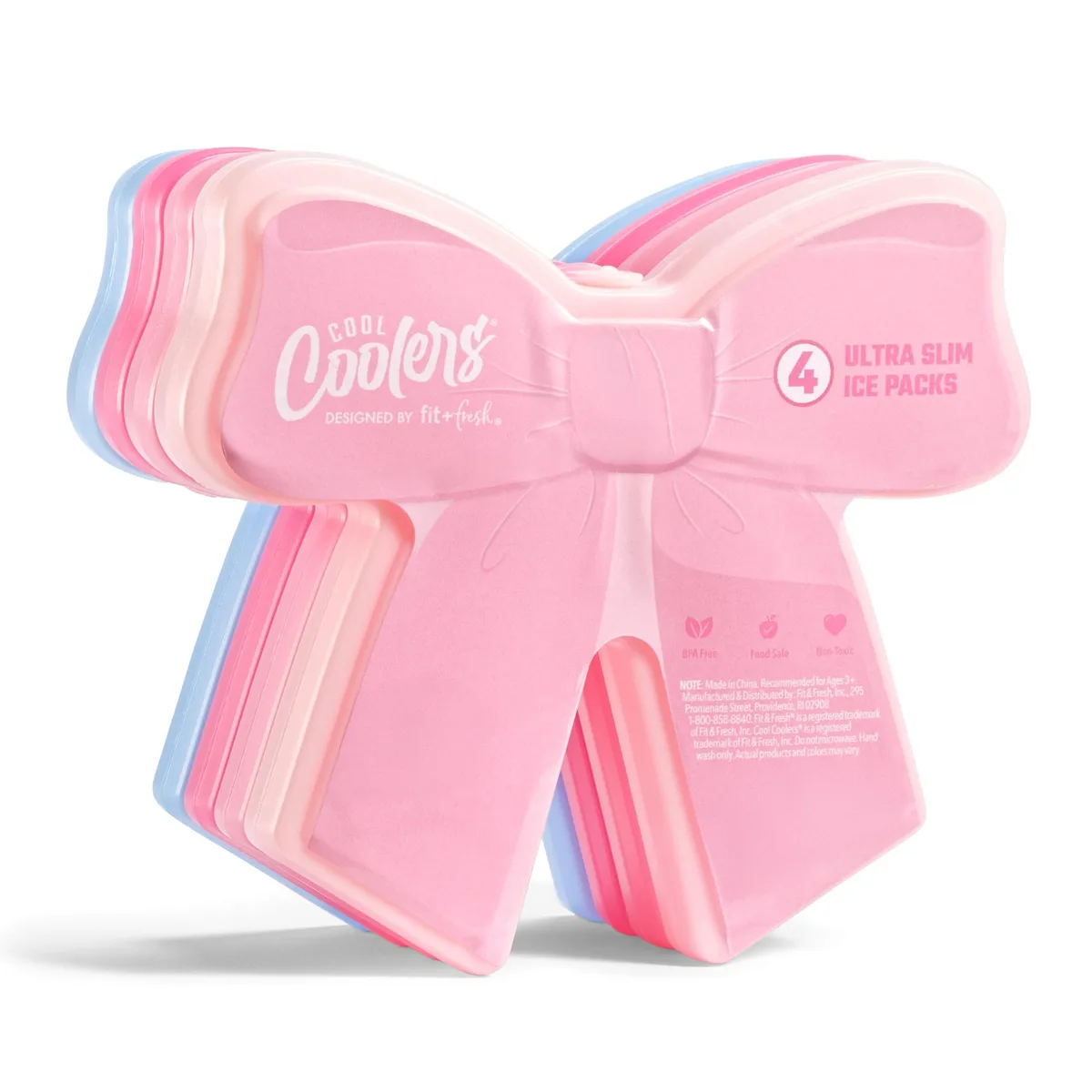 Four bow-shaped slim ice packs in bright colours, each 5.5 by .5 by 4.8 inches