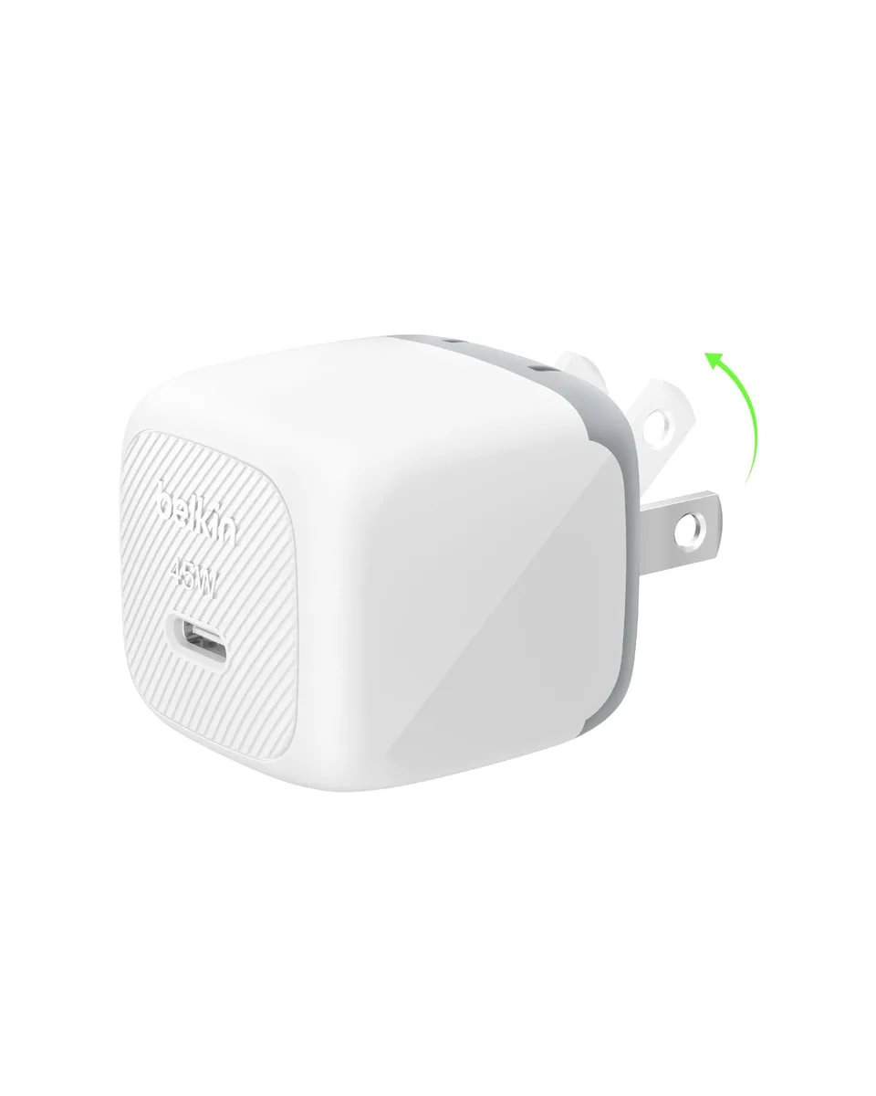 Compact white USB-C wall charger with foldable prongs
