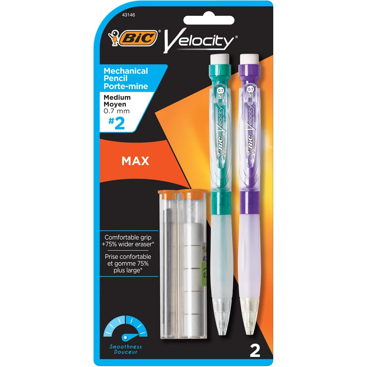 Two black plastic mechanical pencils with click erasers, 0.7 mm point