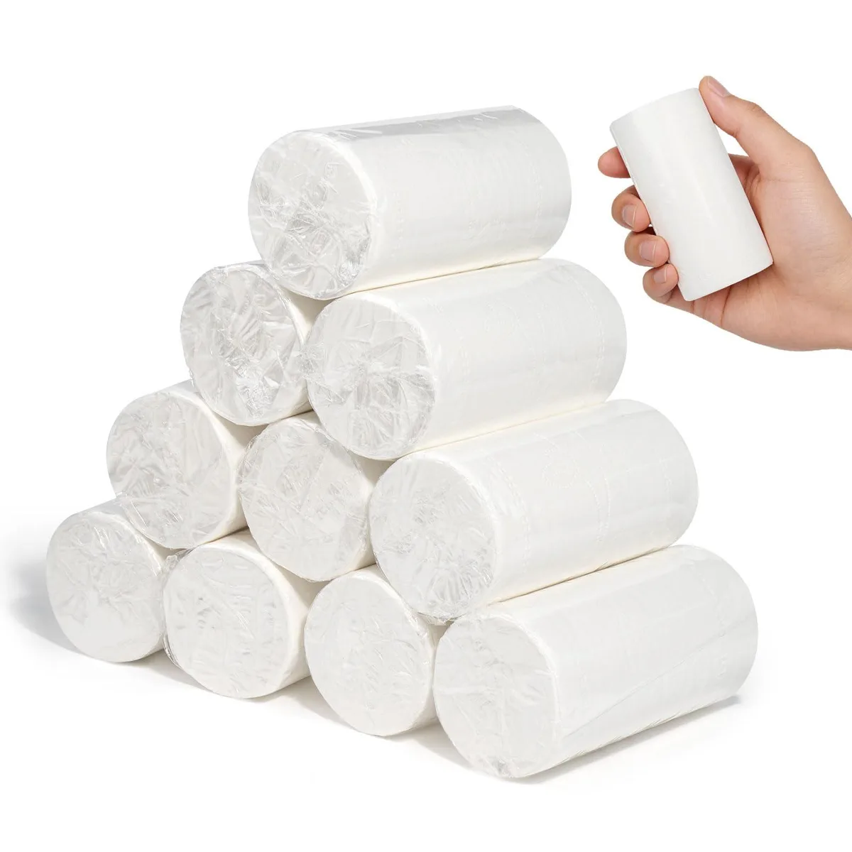 Five white coreless toilet paper rolls individually wrapped in compact packaging