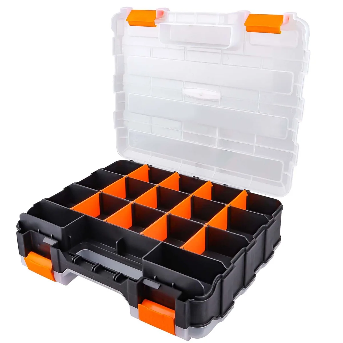 Transparent plastic organiser box with handle and latches, double-sided with 34 yellow-divided compartments
