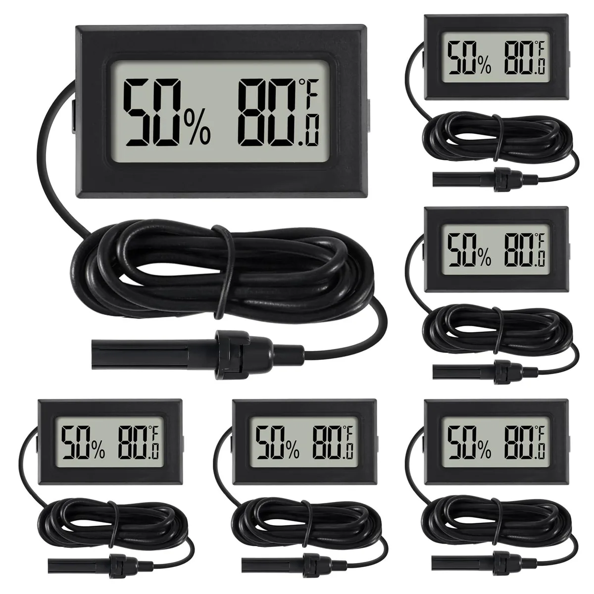 Six mini digital thermometer hygrometers with probe sensors and LCD displays