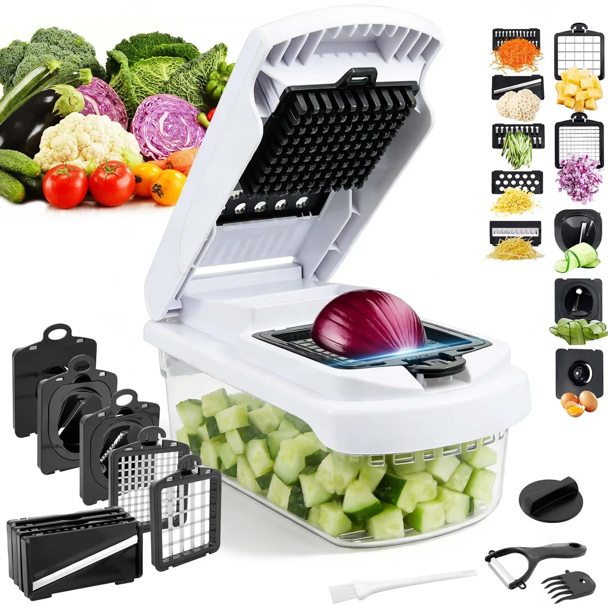 Compact white vegetable chopper with clear container and stainless steel blades, manual operation