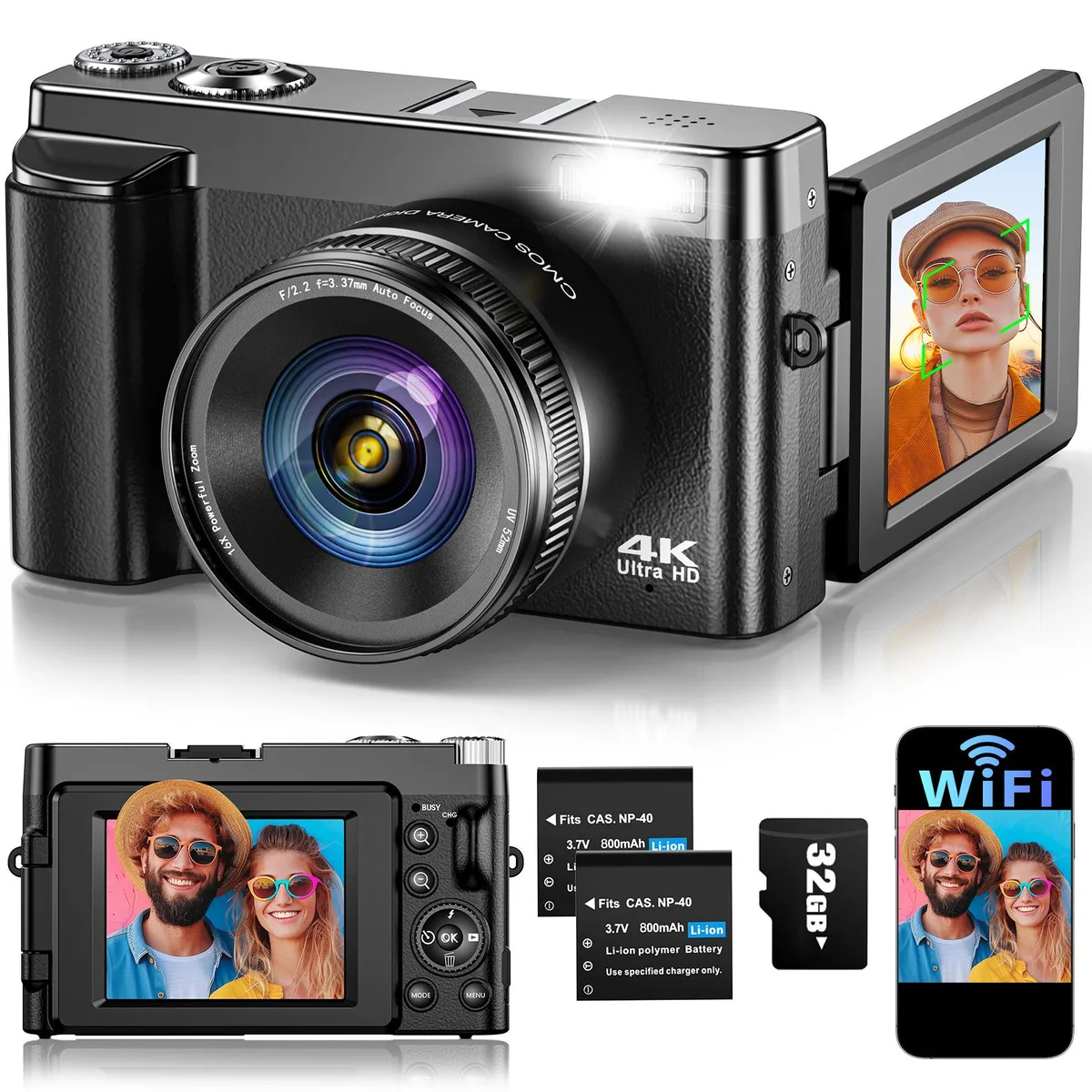 TEFTYMON TEFTYMON 4K 64MP Digital Camera 3.0" 180° Flip Screen WiFi 16X Zoom — product photo
