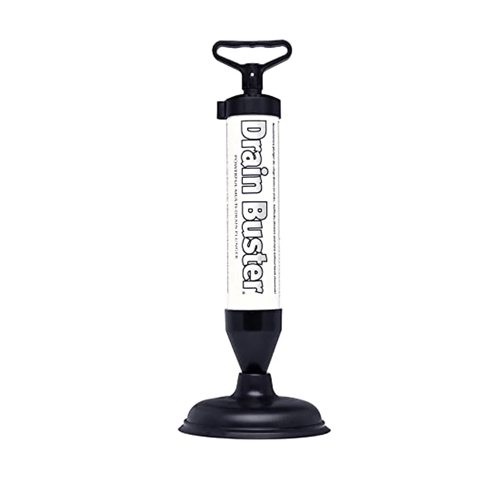 Black plastic drain plunger with elongated bell and 24 marked on handle