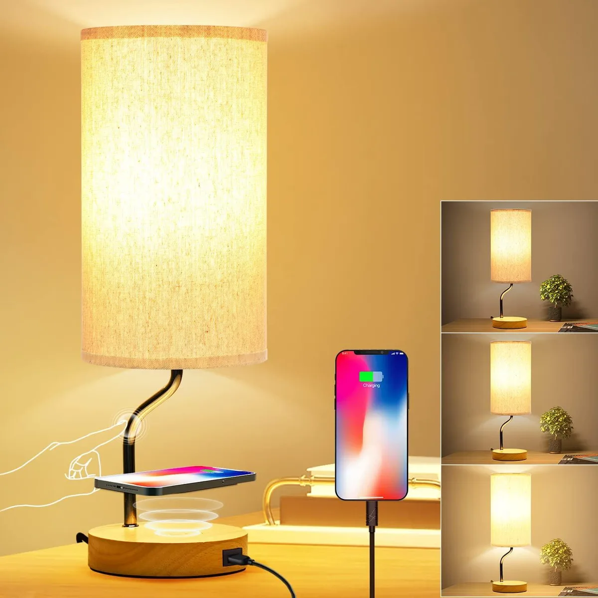Cream fabric-shaded table lamp with wooden base and touch control rod, 5.5 by 15.9 inches