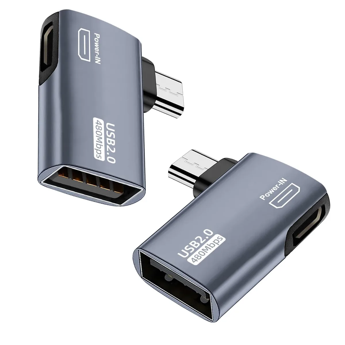 Two grey micro USB OTG adapters with 90 degree angled connectors