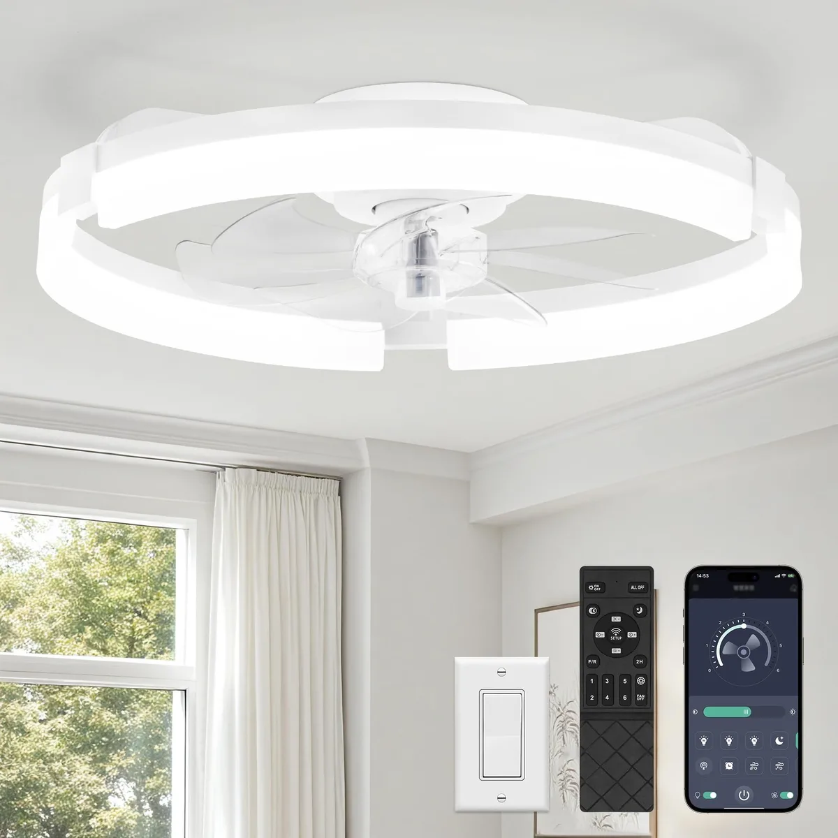 Black low-profile ceiling fan with five blades and integrated LED light, flush-mount design