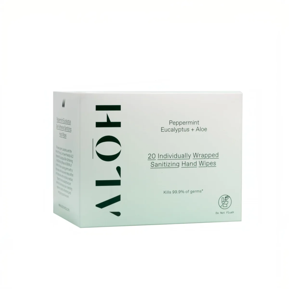 Rectangular cardboard box containing twenty individually wrapped peppermint eucalyptus hand sanitising wipes