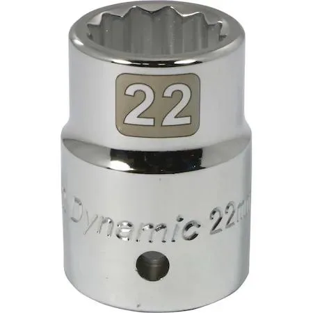 A chrome 3/4 inch drive 22mm 12-point socket with knurled ring and laser-etched markings