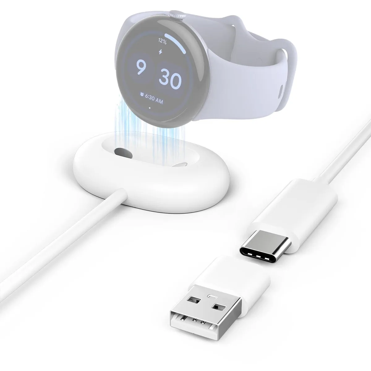  Magnetic Charger Cable for Google Pixel Watch 4 41mm/45mm USB-C to 2-Pin with USB-A Adapter White — product photo