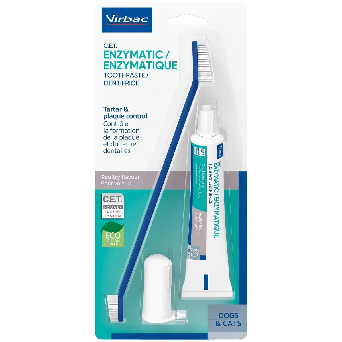 White oral care kit box with poultry toothpaste tube fingerbrush and dual-sided pet toothbrush visible