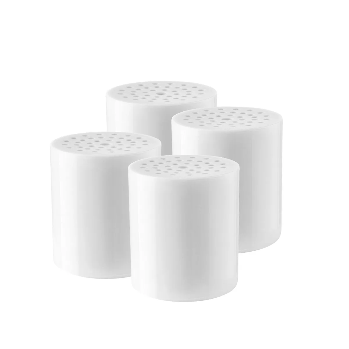 Four silver cylindrical shower filter cartridges in a pack