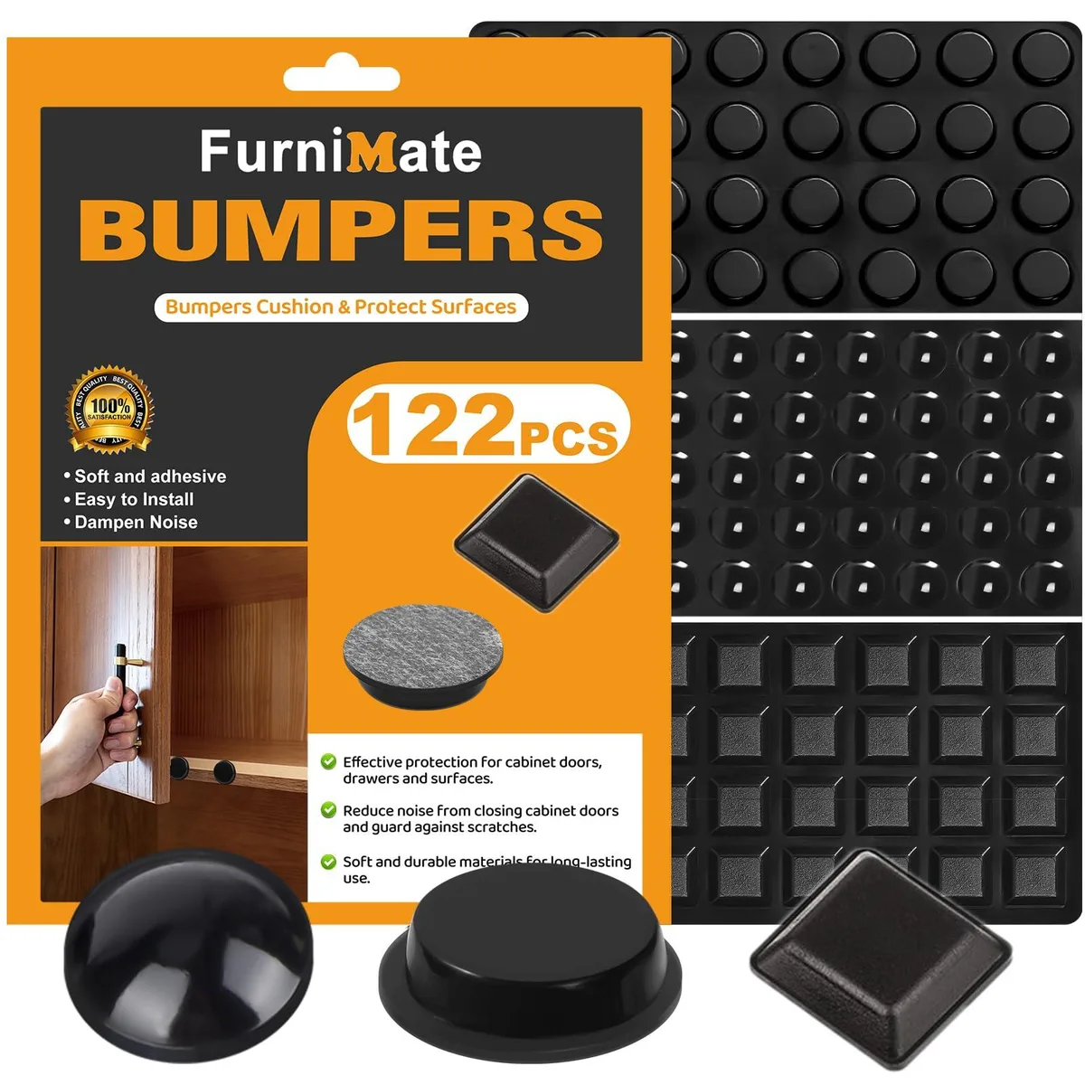 Clear resealable bag holding 122 small black adhesive rubber bumpers in assorted shapes
