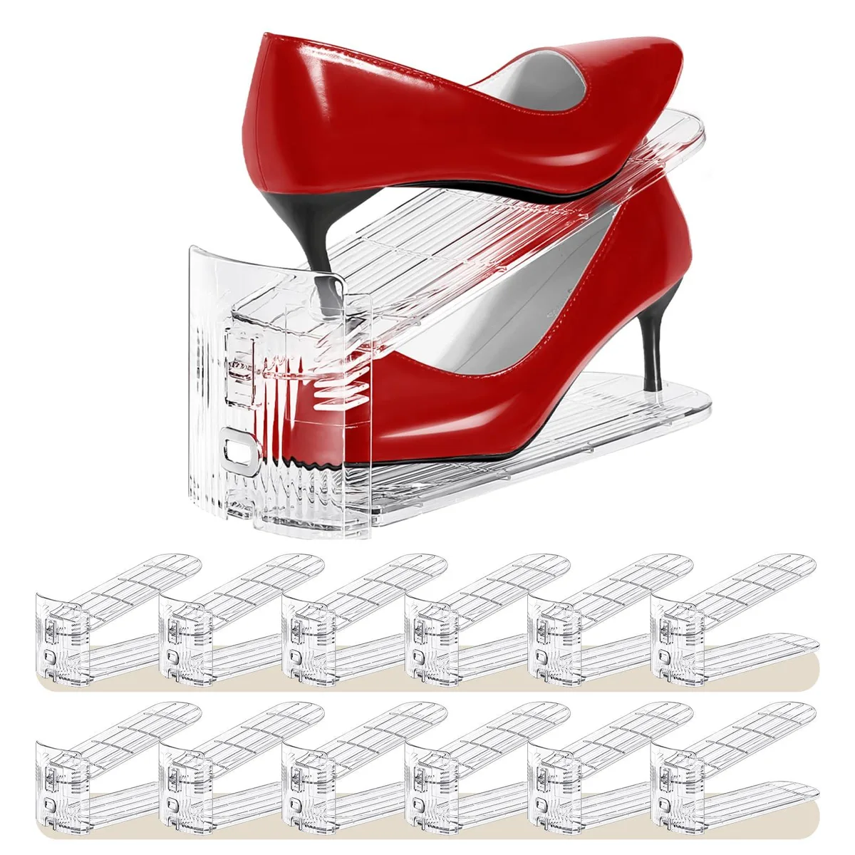 Twelve transparent plastic shoe stackers with three adjustable height levels
