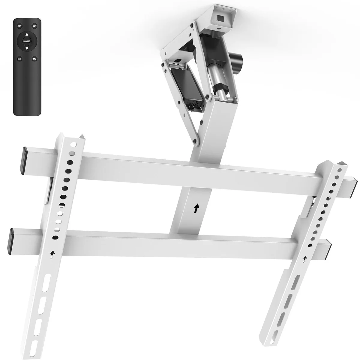White motorised ceiling TV mount with folding arm and remote control