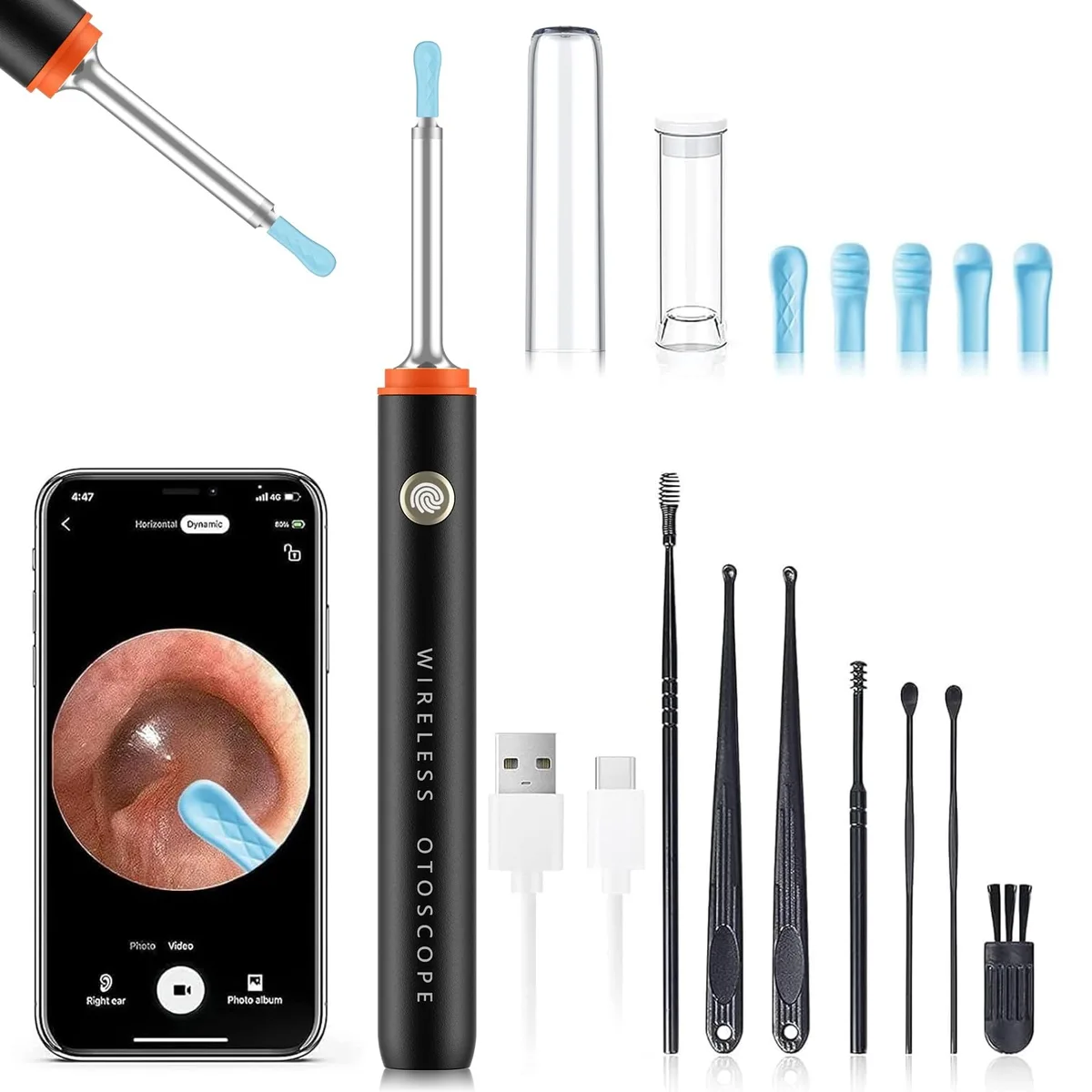 Black ear-cleaning otoscope with camera lens, six LED lights and multiple silicone tips