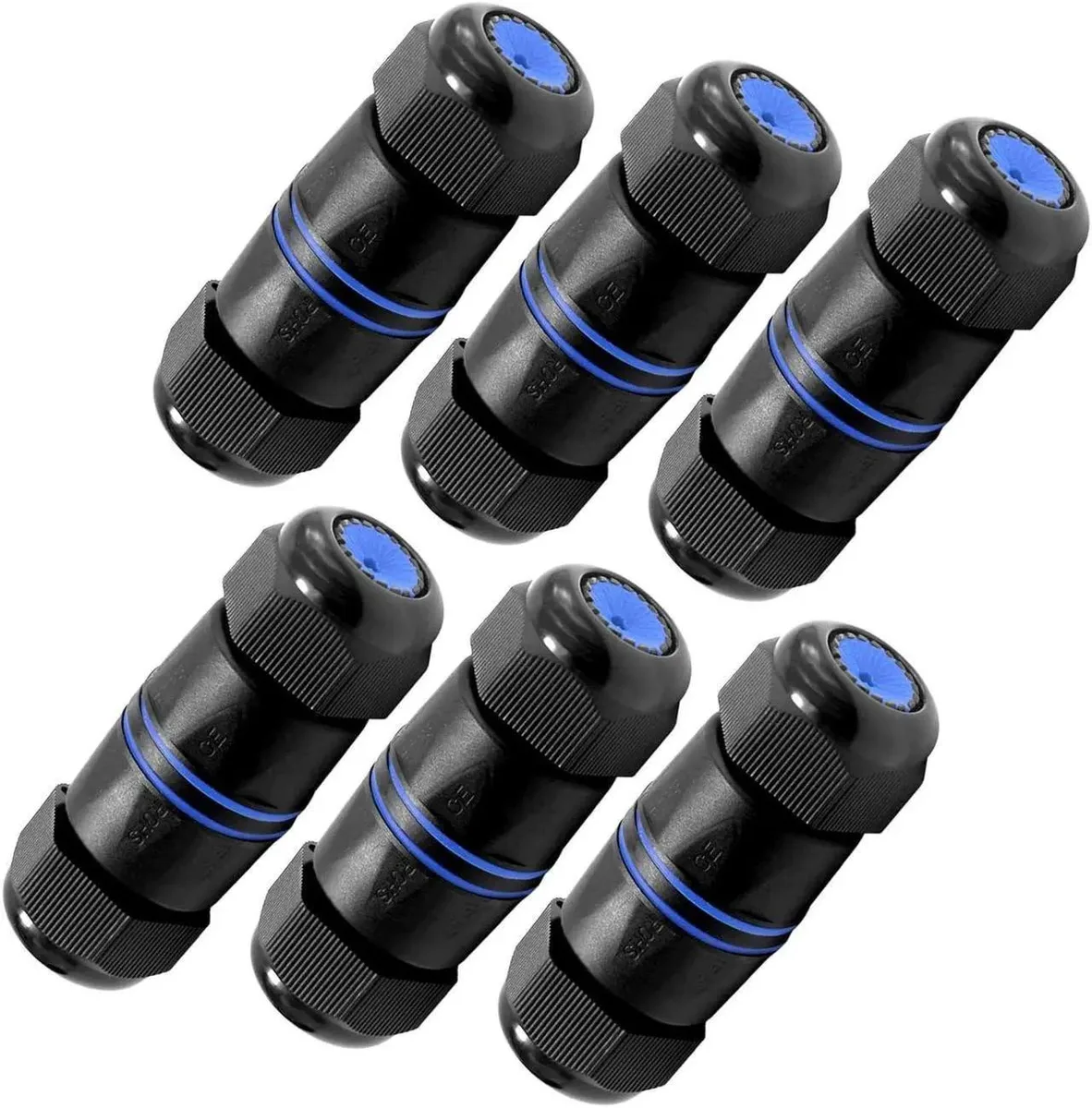 Six short shielded RJ45 couplers with waterproof threaded caps