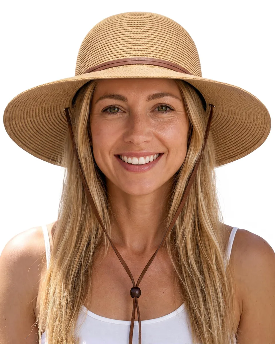  FURTALK 43243-53429 Wide Brim Sun Hat Khaki UPF 80+ Wind Lanyard M-L 22-23" Brim 3.2 — product photo