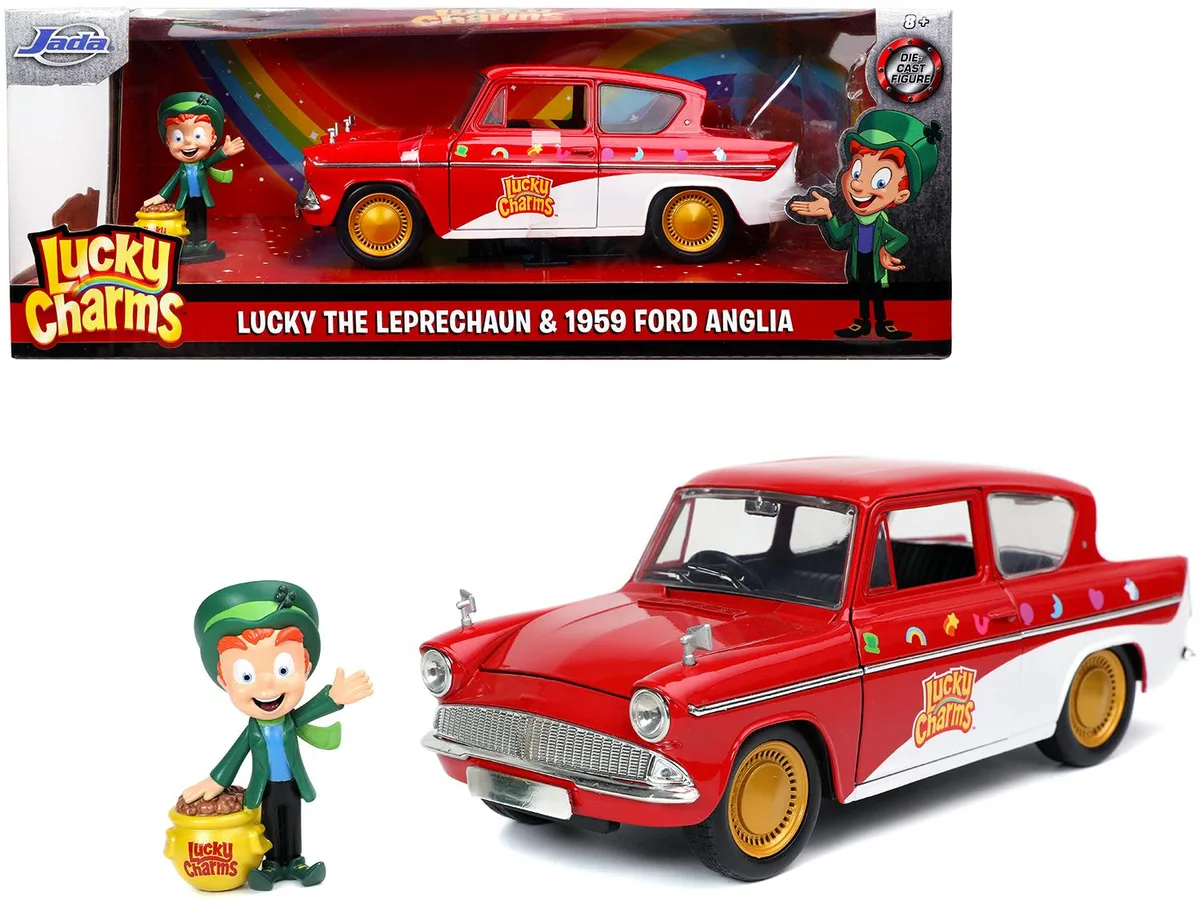 Jada Jada 1959 Ford Anglia 1/24 Diecast Car with Lucky Charms Leprechaun Figurine — product photo