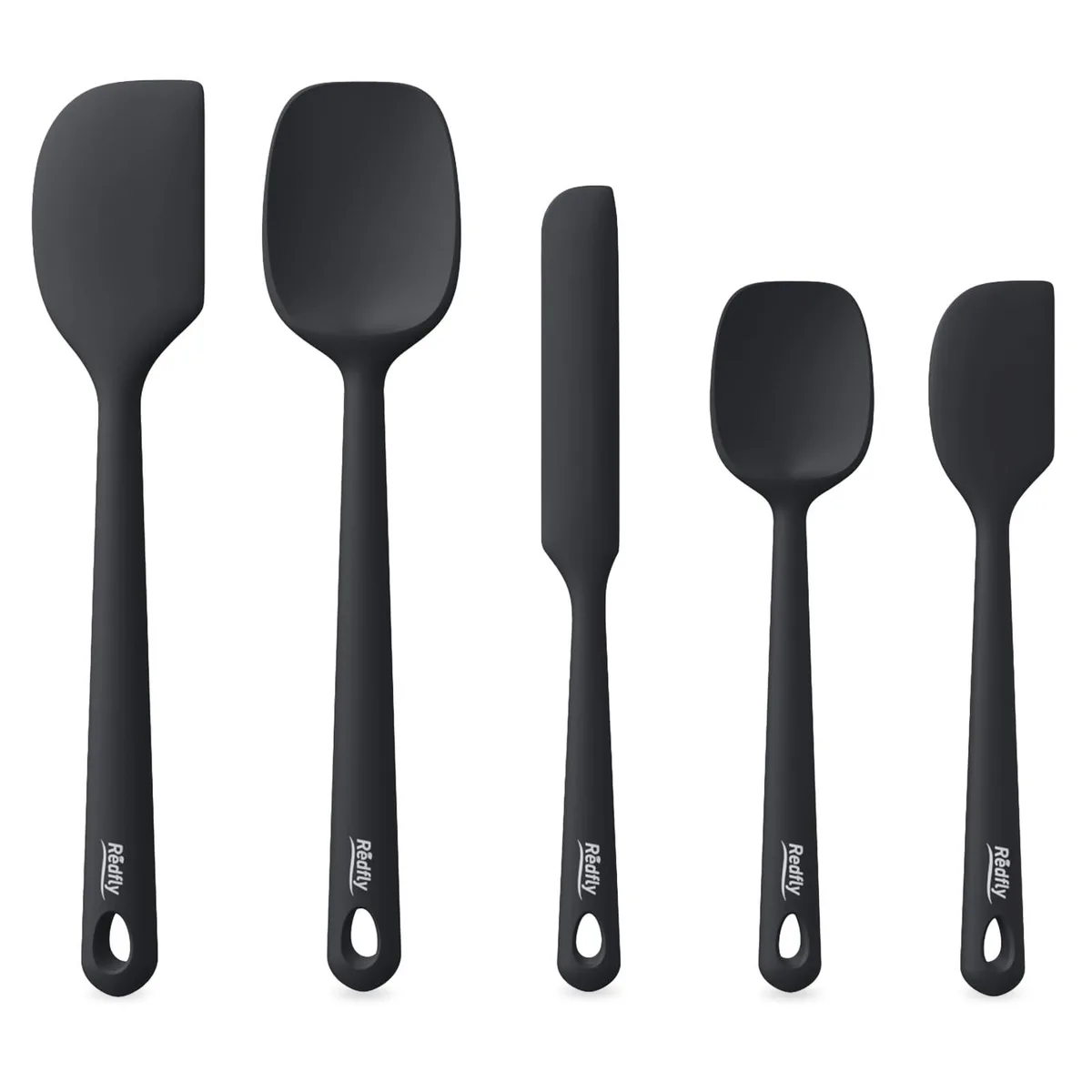 Five black silicone spatulas in a set