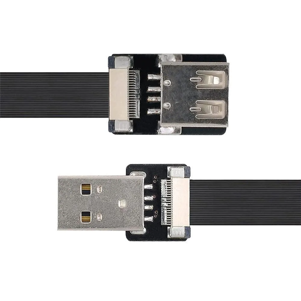 Flat black USB 2.0 Type-A male-to-female extension cable, 200 cm long, soft FPC ribbon design, shipped unassembled