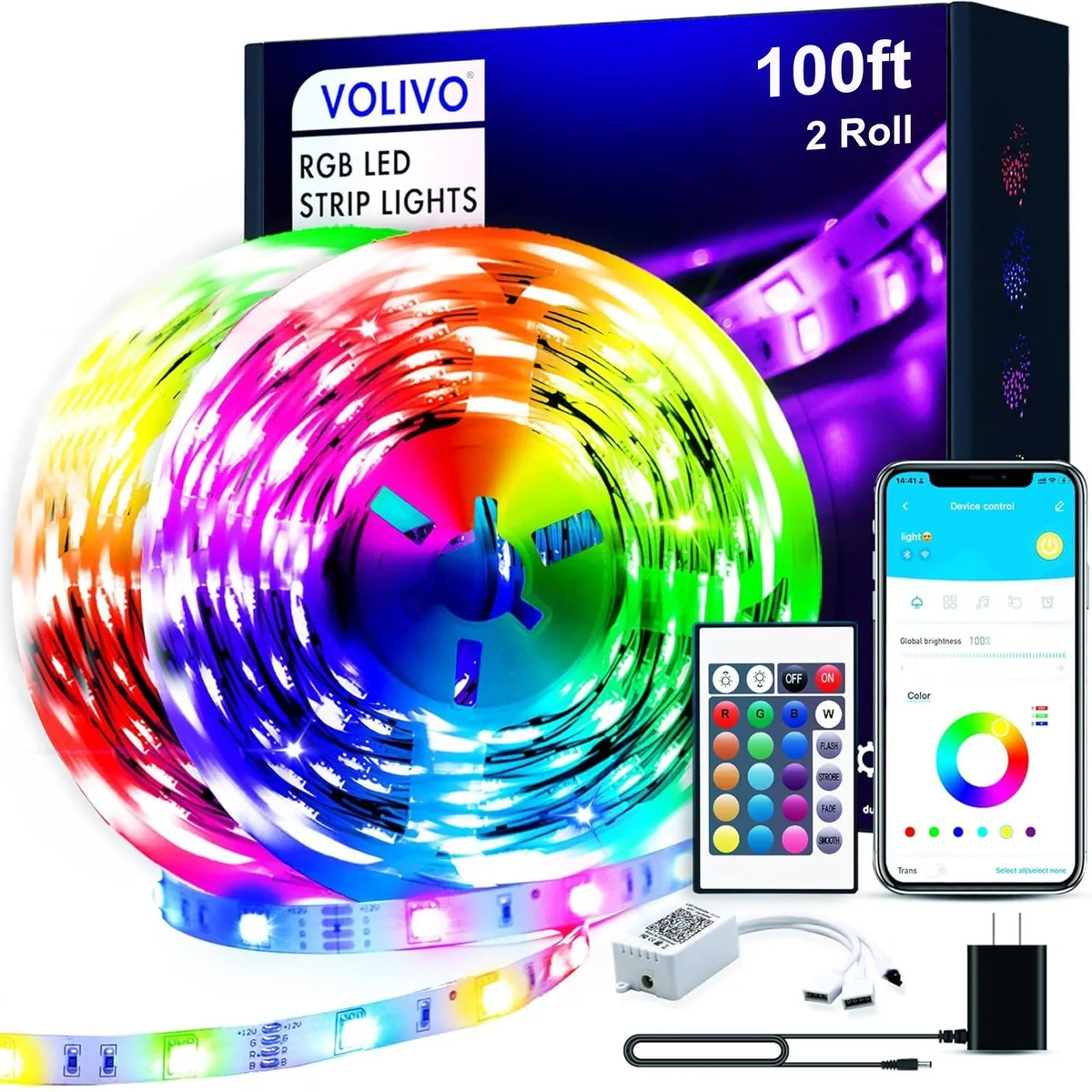 Two 50 ft rolls of LED strip lights, blue wire, adhesive backing, app and remote control