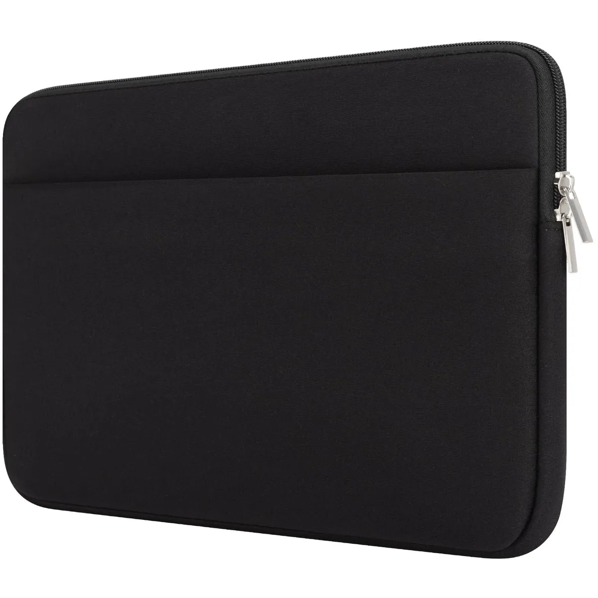 Black polyester laptop sleeve with front zip pocket and padded main compartment