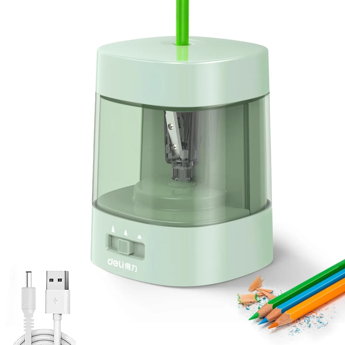 Compact green ABS electric pencil sharpener with USB cable and battery compartment