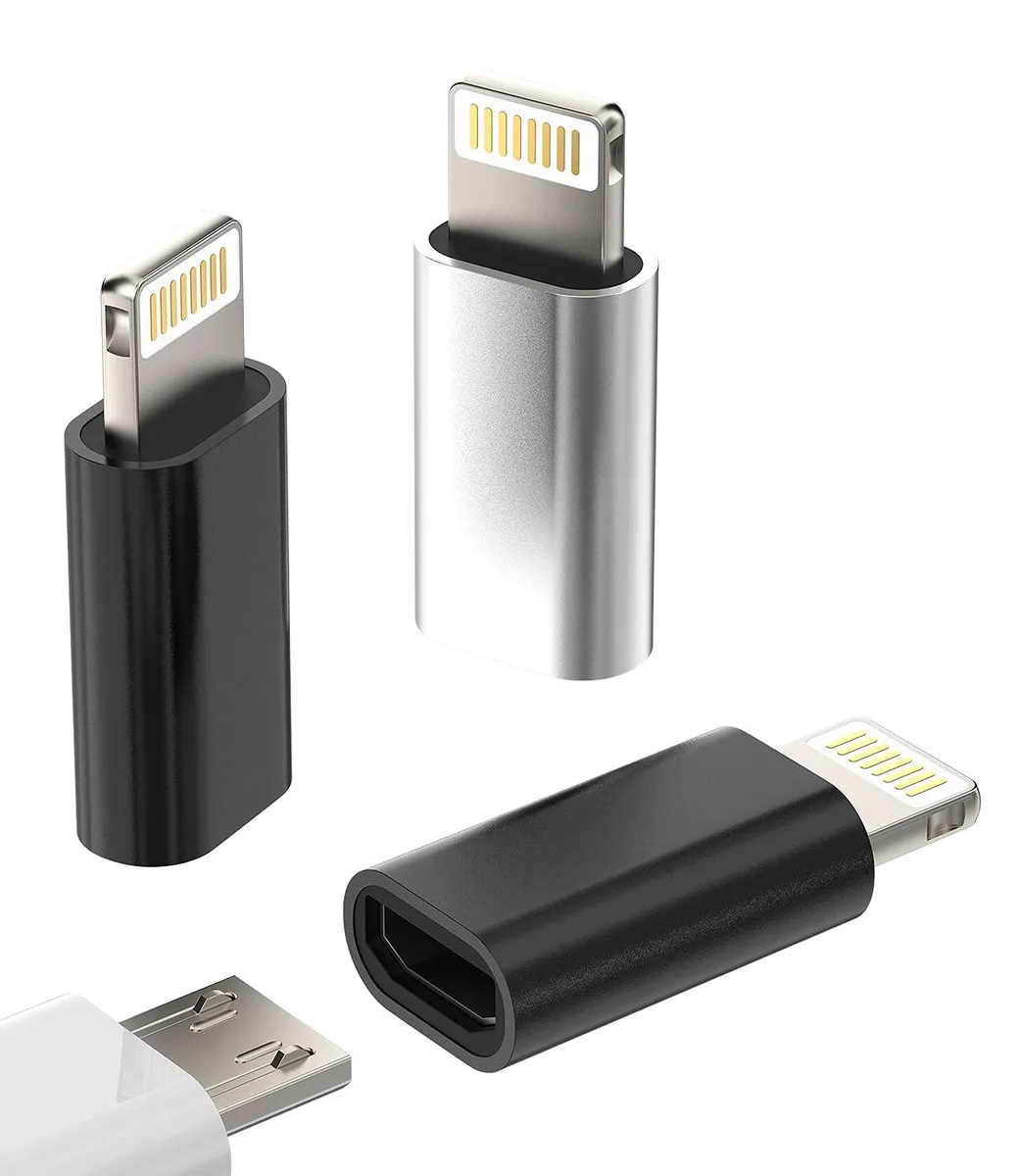 Three small Lightning to micro USB adapters, two black and one silver