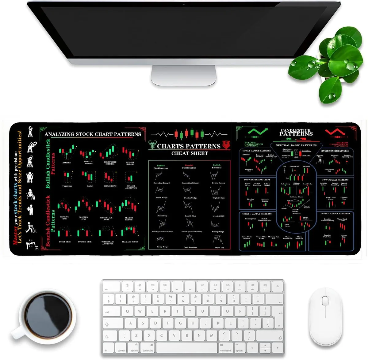 Black rectangular desk mat with printed stock-market charts Excel shortcuts and world map stitched edges 32 by 12 inches