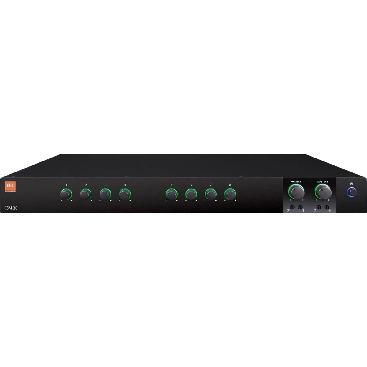 Silver 1U rackmount audio mixer with front panel controls