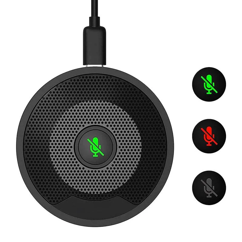 Black cylindrical USB conference microphone with mute button and indicator light