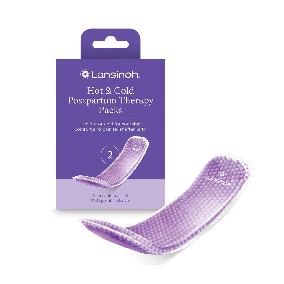Two purple reusable hot and cold postpartum pads