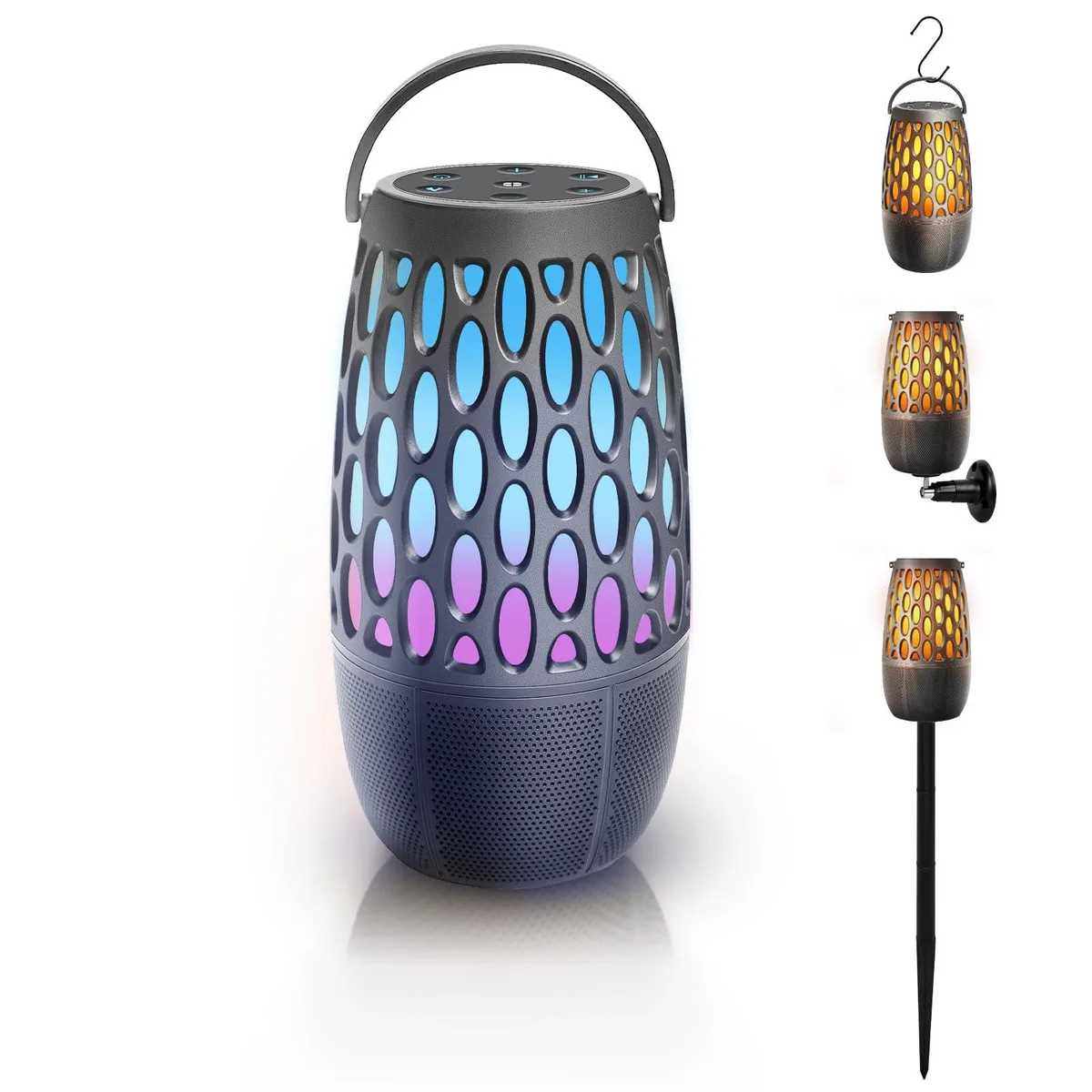 Black square portable subwoofer with LED flame light and carry handle