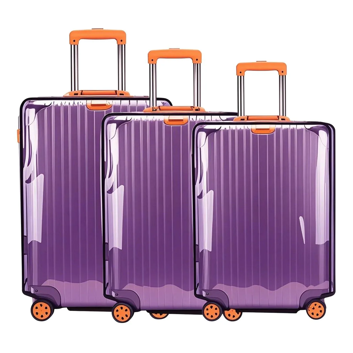 Three clear PVC suitcase covers in 20, 24 and 28 inch sizes with black trim and hook-and-loop straps