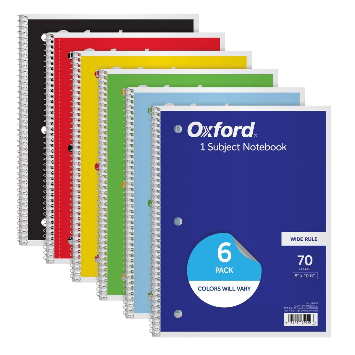  Oxford 65010 Spiral Notebook 6 Pack 70 Sheets 10.5" Assorted Colors — product photo