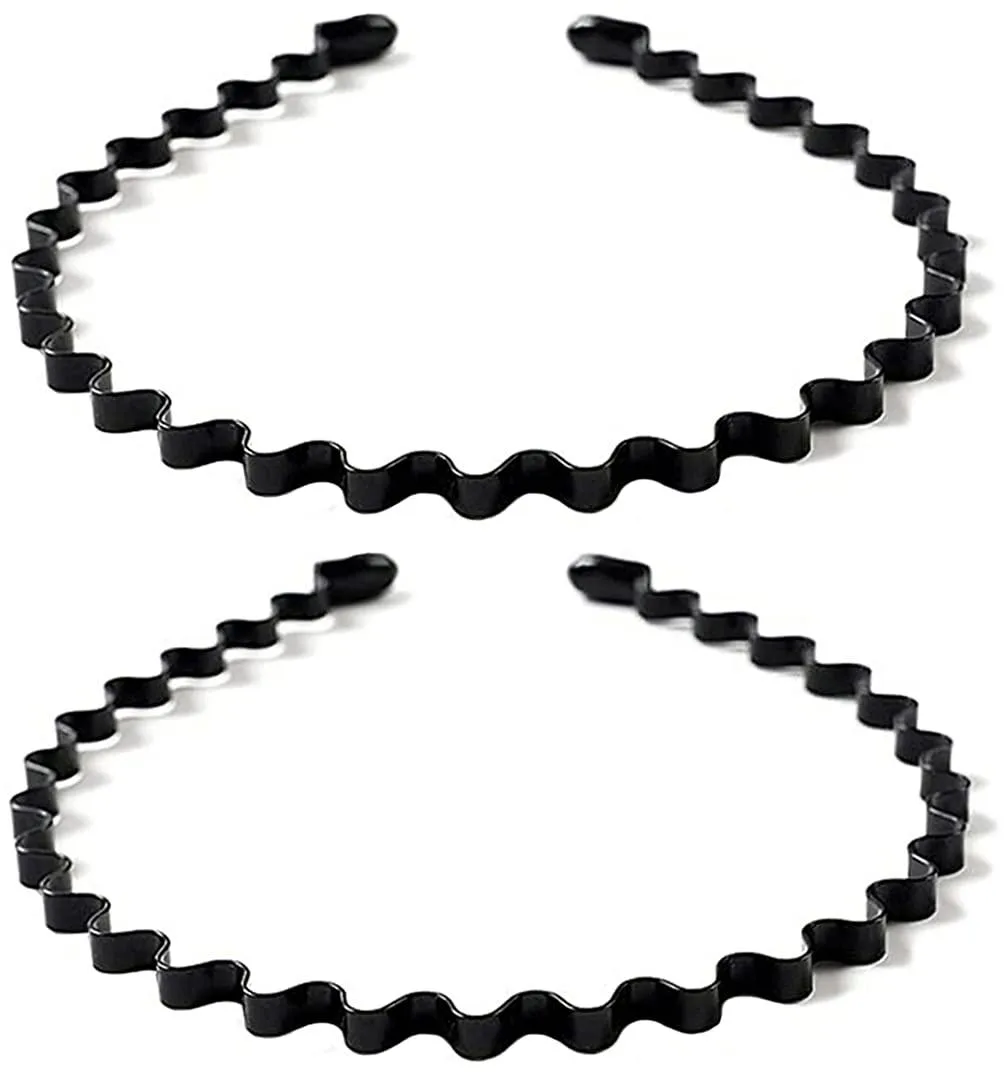 Two silver metal wavy headbands with spiral teeth and end caps