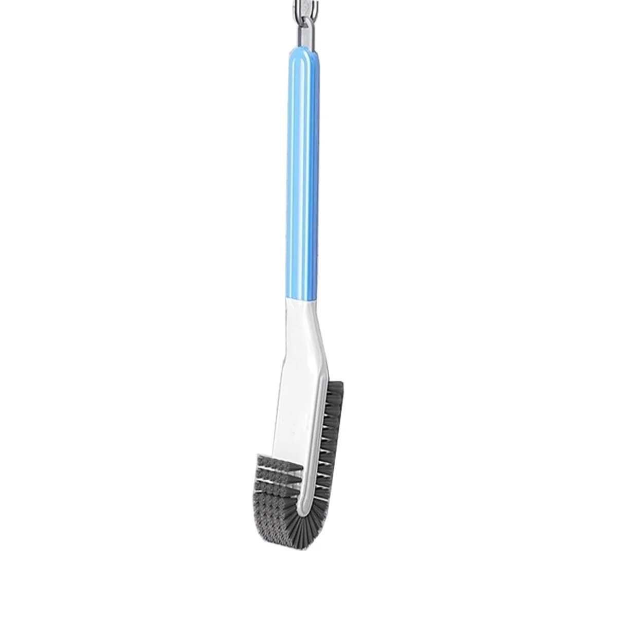 Blue and white shoe brush with 170° angled head and long handle