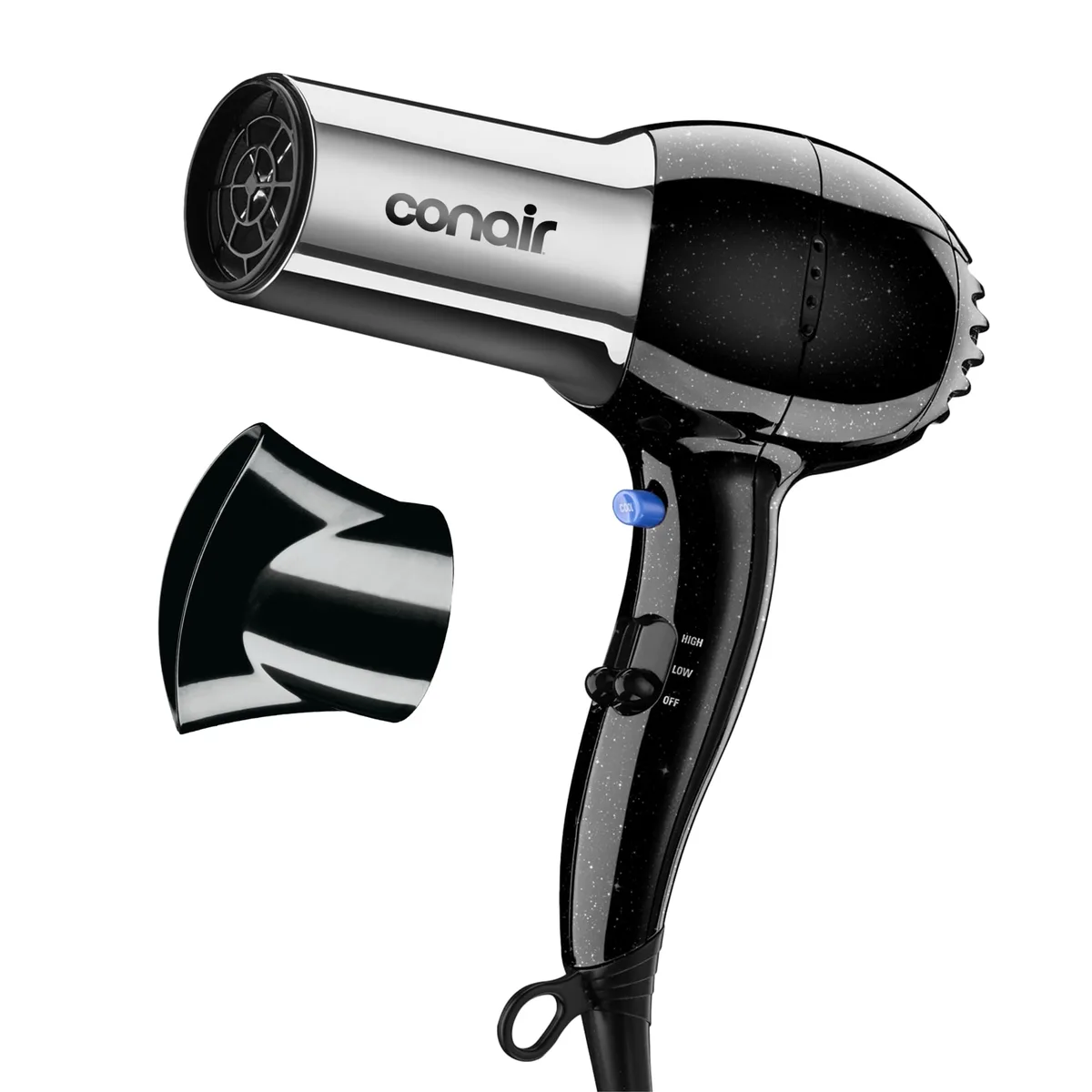 Black and chrome full-size ionic hair dryer with concentrator nozzle